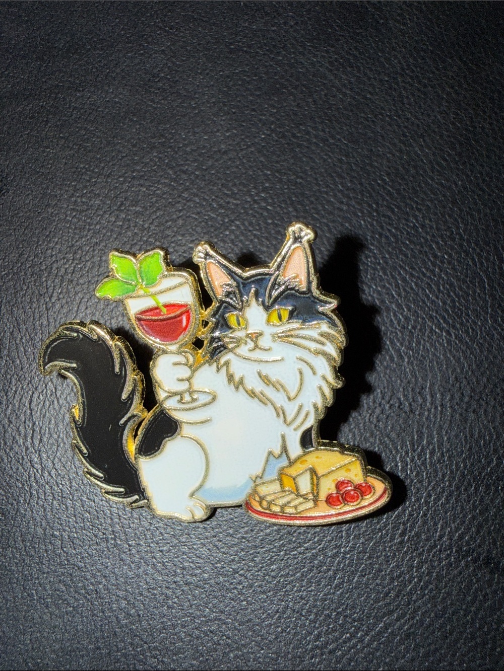 Whimsical Cat Brooch — Black, White & Gold Enamel Pin